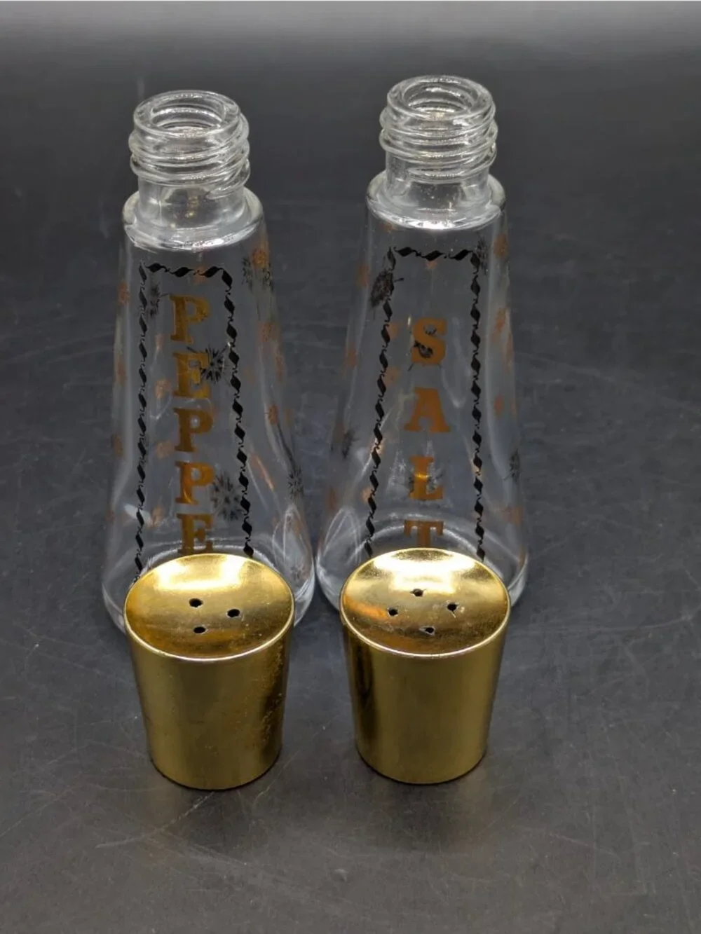 Vintage Salt and Pepper Shakers Starbrite Pattern Gold Top Atomic Star MCM 4